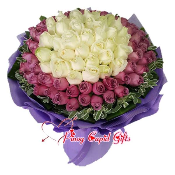 99 Mixed Imported Purple & White Roses Bouquet 06