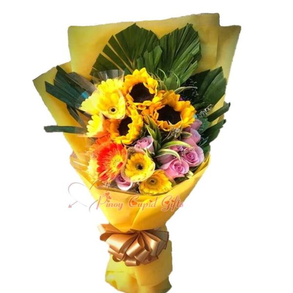 Mixed Flower of 3 Sunflower, Gerberas, and Pink Roses