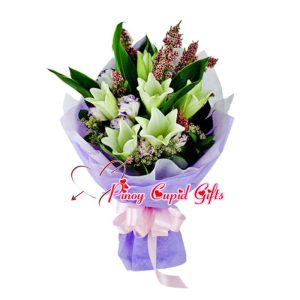 6 pcs White Stargazer (2 stems) Lilies with Imported Eustoma