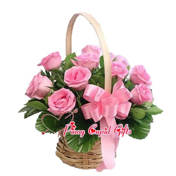 Imported Pink Roses in a Basket
