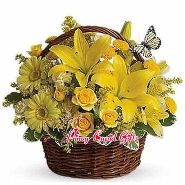 Imported Yellow Lillies, Gerberas and Roses in a Basket