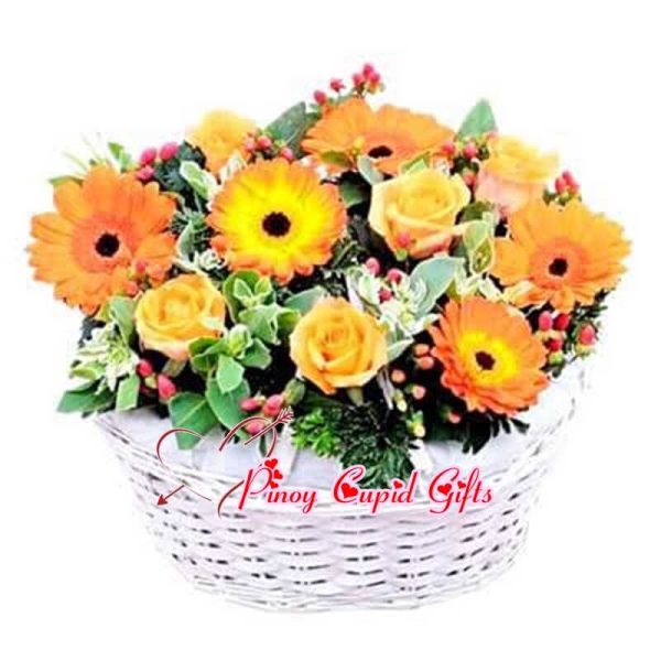 Yellow Gerberas and Roses in a Basket