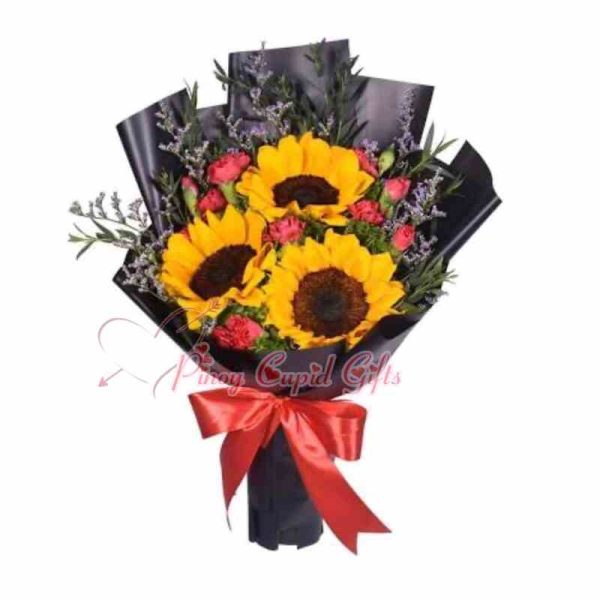 3 Sunflowers plus carnations in Bouquet