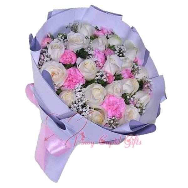 24 White Roses with pink carnation fillers in a bouquet