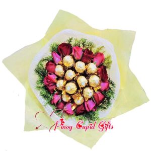2 Ferrero Chocolate and 18 red/pink flowers