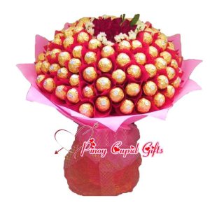 100 pcs Ferrero Rocher Chocolate with 1 dozen Red Roses in a bouquet arrangement.