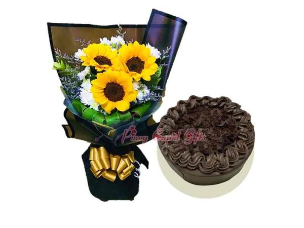 3 pcs sunflower bouquet & chocolate forest cake by The Little Joy Bakery