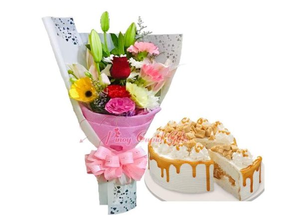 mixed flower with Red Ribbon Caramel Crunch Cake