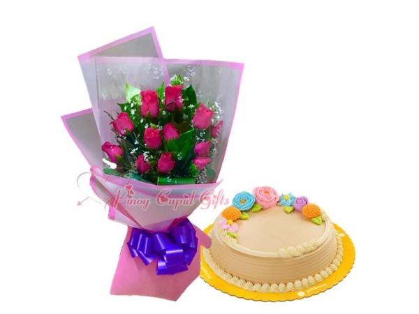 1dozen pink roses & goldilocks mocha greeting cake round
