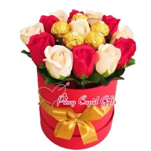 Mixed White/Red  roses  and 5 Ferrero in a Round Gift Box