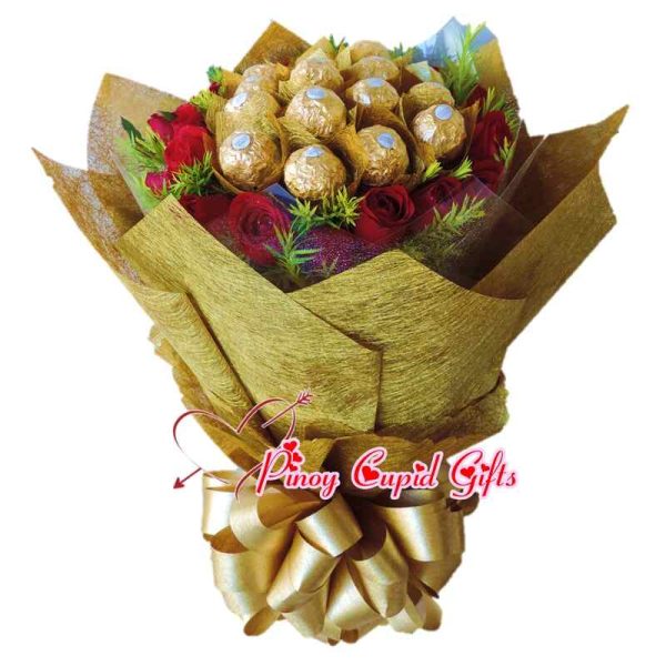 18 Red Roses with 16 pcs Ferrero Chocolates in Hand Bouquet