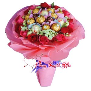 16 Ferrero and 18 Red/Pink Roses in Hand Bouquet