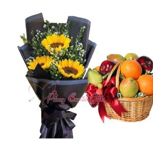 3pcs Sunflower Bouquet, Fruit Baskett 5 Red Apples, 5 Pears, 5 Oranges