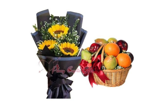 3pcs Sunflower Bouquet, Fruit Baskett 5 Red Apples, 5 Pears, 5 Oranges