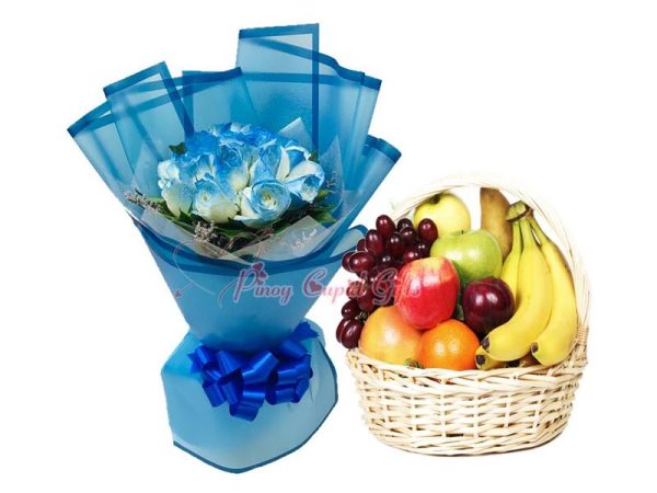 12 Blue Roses Bouquet & Fruit Basket: 4 Bananas, 2 Red Apples, 2 Green apples, 3 Oranges, 3 Pears, 1/2 Kilo Red Grapes