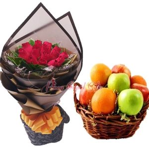 1 Dozen Red Roses Bouquet & Fruit Basket with: 3 Red Apples, 3 Green Apples, 3 Oranges.