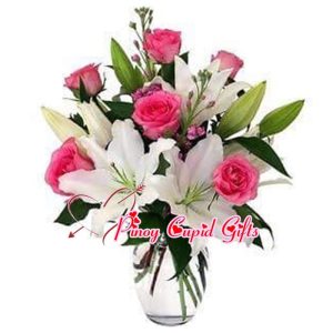 Mixed Roses and Lilies in a Vase