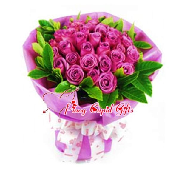 30 Imported Purple Roses  in a bouquet arrangement.