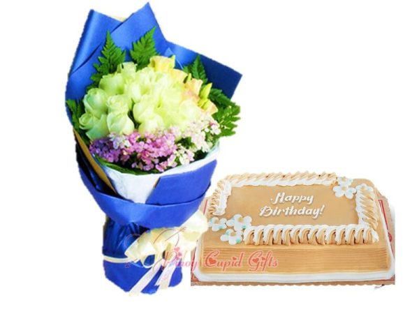 2 dozen white roses & RR caramel dedication cake