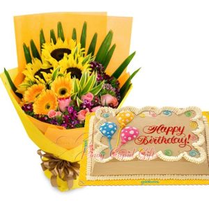 Mixed Sunflowers/Roses Bouquet & 8x12 Mocha Dedication Cake