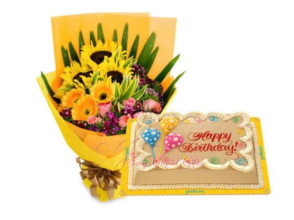 Mixed Sunflowers/Roses Bouquet & 8x12 Mocha Dedication Cake