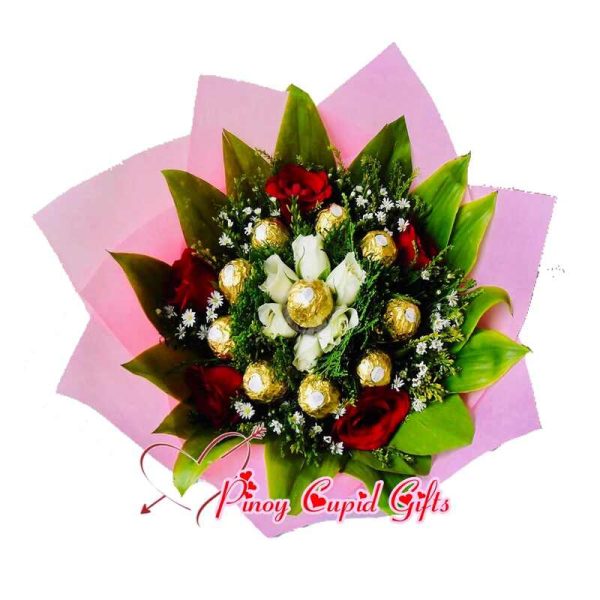 12 pcs Ferrero, 6 white roses, 5 red roses in a hand bouquet