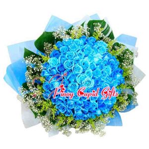 99 Blue Roses in a Hand Bouquet