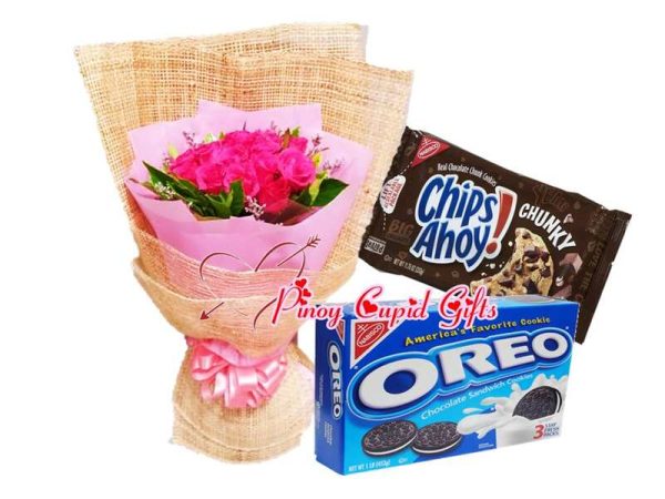1 dozen roses and oreo and chip ahoy cookies