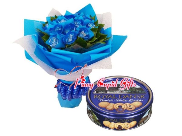 1 dozen blue roses and Danish cookies