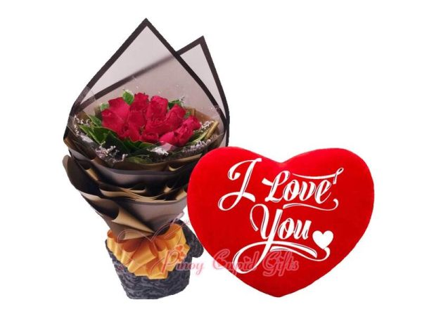 1 Dozen Red Roses Bouquet, Heart-Shaped, "I Love You" Pillow