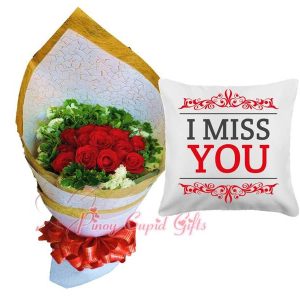 1 Dozen Roses Bouquet, "I Miss You" Pillow