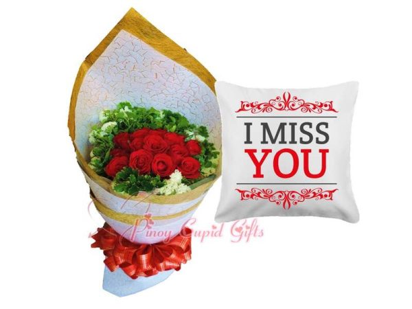 1 Dozen Roses Bouquet, "I Miss You" Pillow