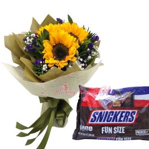 3pcs sunflower Bouquet & Snickers Fun Size Chocolate Candy Bars