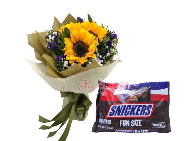 3pcs sunflower Bouquet & Snickers Fun Size Chocolate Candy Bars