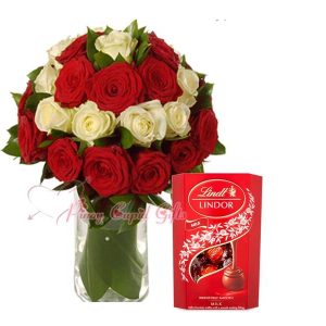 Mixed Red/White Roses in a Vase, & Lindt Milk Truffles