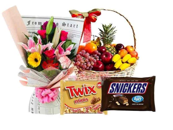 Mixed Roses Bouquet, Twix & Snickers Mini Packs, Fruit Basket: 1 Pineapple, 1/2 kilo Red Grapes, 5 Bananas, 5 Oranges, 5 Red Apples, 5 Pears