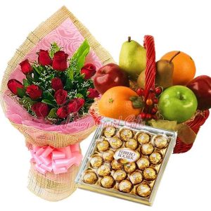1 Dozen Red Roses Bouquet, 24pcs Ferrero Chocolate, Fruit Basket: 2 Oranges, 2 Red Apples, 2 Green Apples, 2 Pears