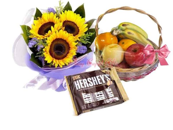 3 pcs Sunflower Bouquet, Hershey's Milk Chocolate & Fruit Basket