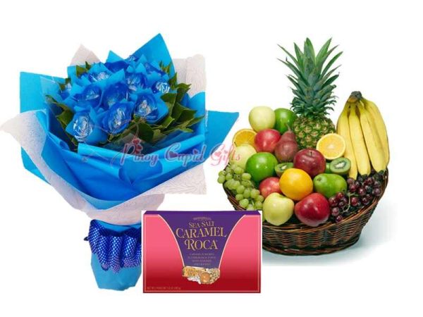 1 Dozen Blue Roses, Sea Salt Caramel Roca Box 140g, & Big Fruit Basket