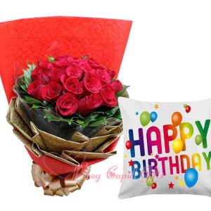 1 Dozen Red Roses Bouquet,  White, "Happy Birthday" Pillow