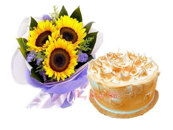 3pcs Sunflower Bouquet & Purple Oven Chocolate Campfire Cake