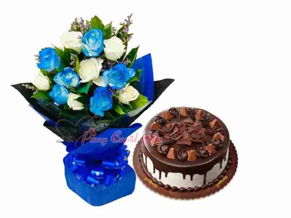 Mixed White/Blue Roses Bouquet & Goldilocks Ultimate Mocha Symphony Cake
