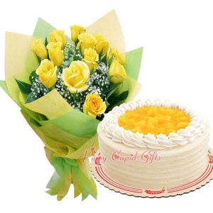 10 Yellow Imported Roses & Red Ribbon Mango Surprise Cake
