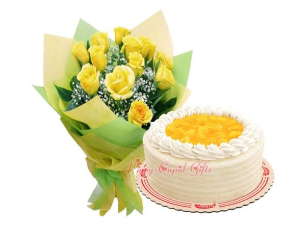 10 Yellow Imported Roses & Red Ribbon Mango Surprise Cake