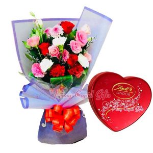 Mixed Flowers Bouquet & Lindt Heart Chocolate