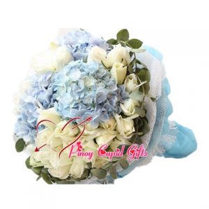 20 White Imported Roses with Imported Blue Hydrangea