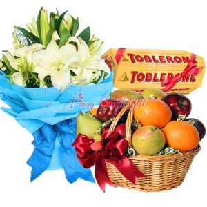 15 White  Holland Stargazer Lilies Bouquet, 5 Oranges, 5 Red Apples, 5 Pears & Toblerone Gift Pack (6 x 100g)