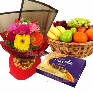 Mixed Flower Bouquet, Cadbury Milk Chocolate-300g, Fruit Basket: 2 Oranges, 2 Pears, 2 Red Apples, 2 Green Apples, 4 Bananas, 1/2 kilo Green Grapes, 1/2 kilo Red Grapes
