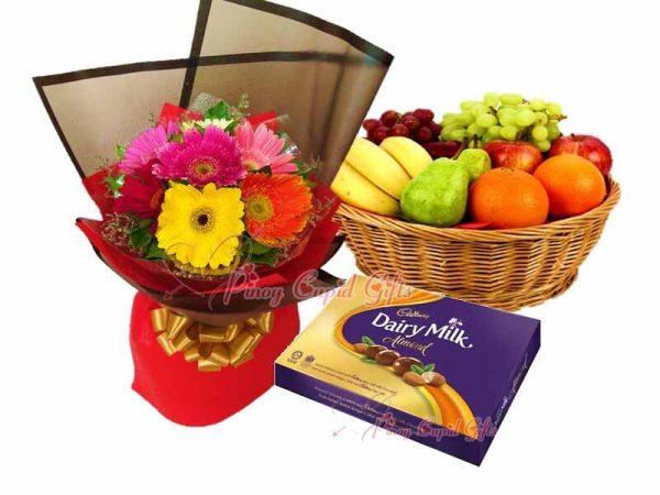 Mixed Flower Bouquet, Cadbury Milk Chocolate-300g, Fruit Basket: 2 Oranges, 2 Pears, 2 Red Apples, 2 Green Apples, 4 Bananas, 1/2 kilo Green Grapes, 1/2 kilo Red Grapes