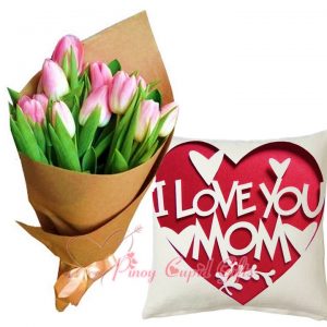 10 Pink Tulips Bouquet, White, "I Love You Mom" Pillow